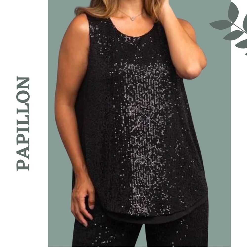 Papillon Sleeveless Sequin Blouse Black Round Neckline Back Keyhole Size XXL